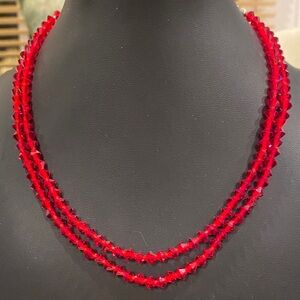 Elegant 2 Strand Fire  Red Crystal Beaded Necklace